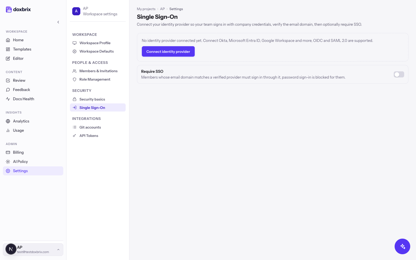Workspace Single Sign-On page stating no identity provider is connected yet, with a Connect identity provider button and Require SSO toggle.