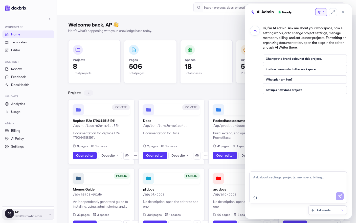 AI Admin panel open over the dashboard with suggested prompts, a message box and the Ask mode selector