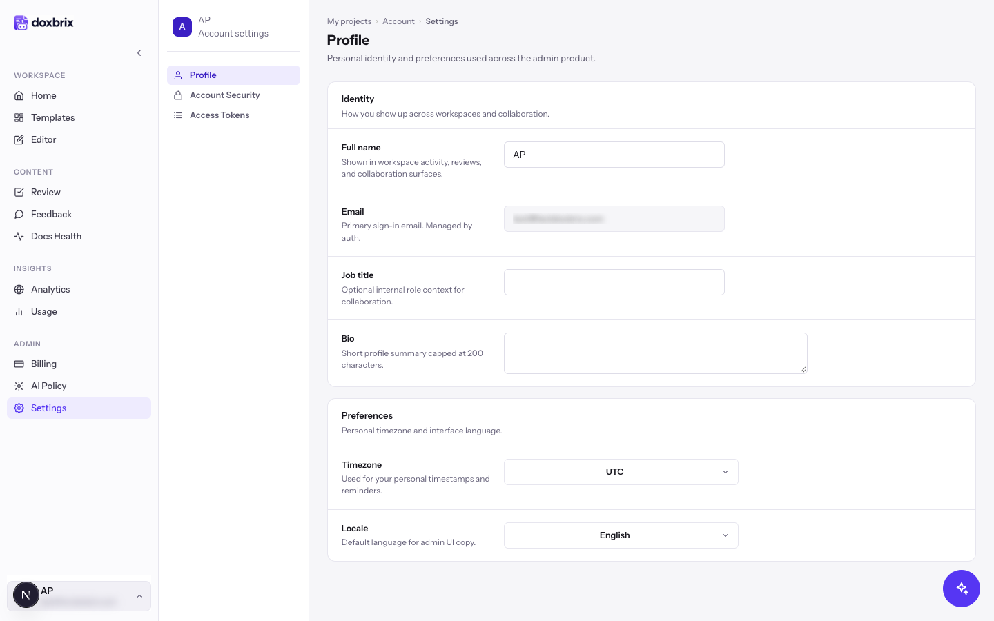 Personal settings Profile tab with full name, email, job title, bio, timezone and locale