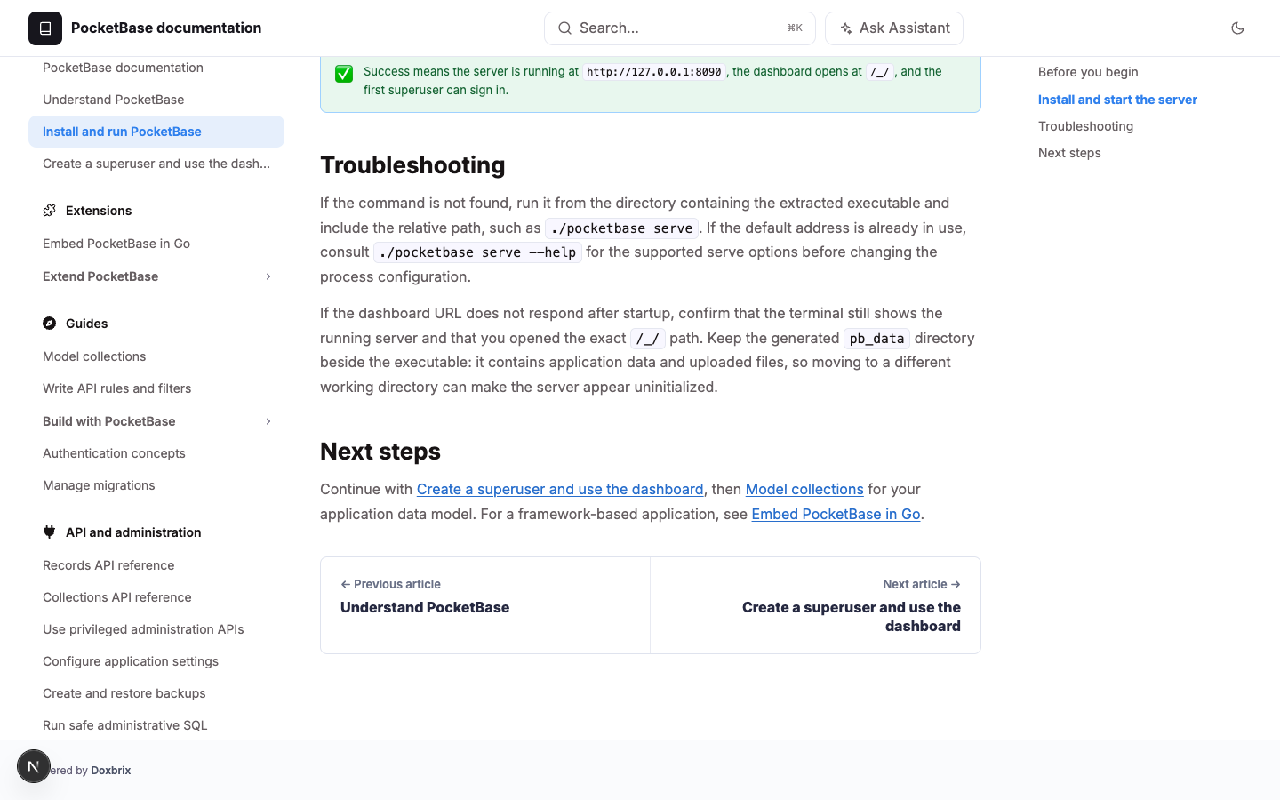 Install and run PocketBase article with the sidebar highlighting the page and Previous article Understand PocketBase and Next article Create a superuser and use the dashboard links