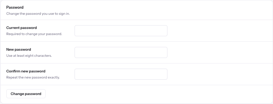 Empty password form with current, new and confirm password fields and Change password button