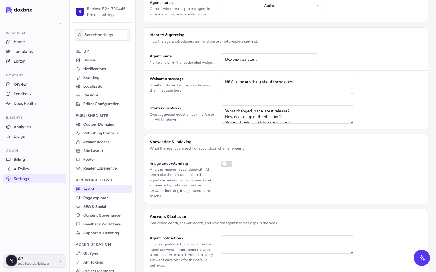 Agent settings with Agent status set to Active and the Identity & greeting section showing Agent name, Welcome message and three Starter questions.