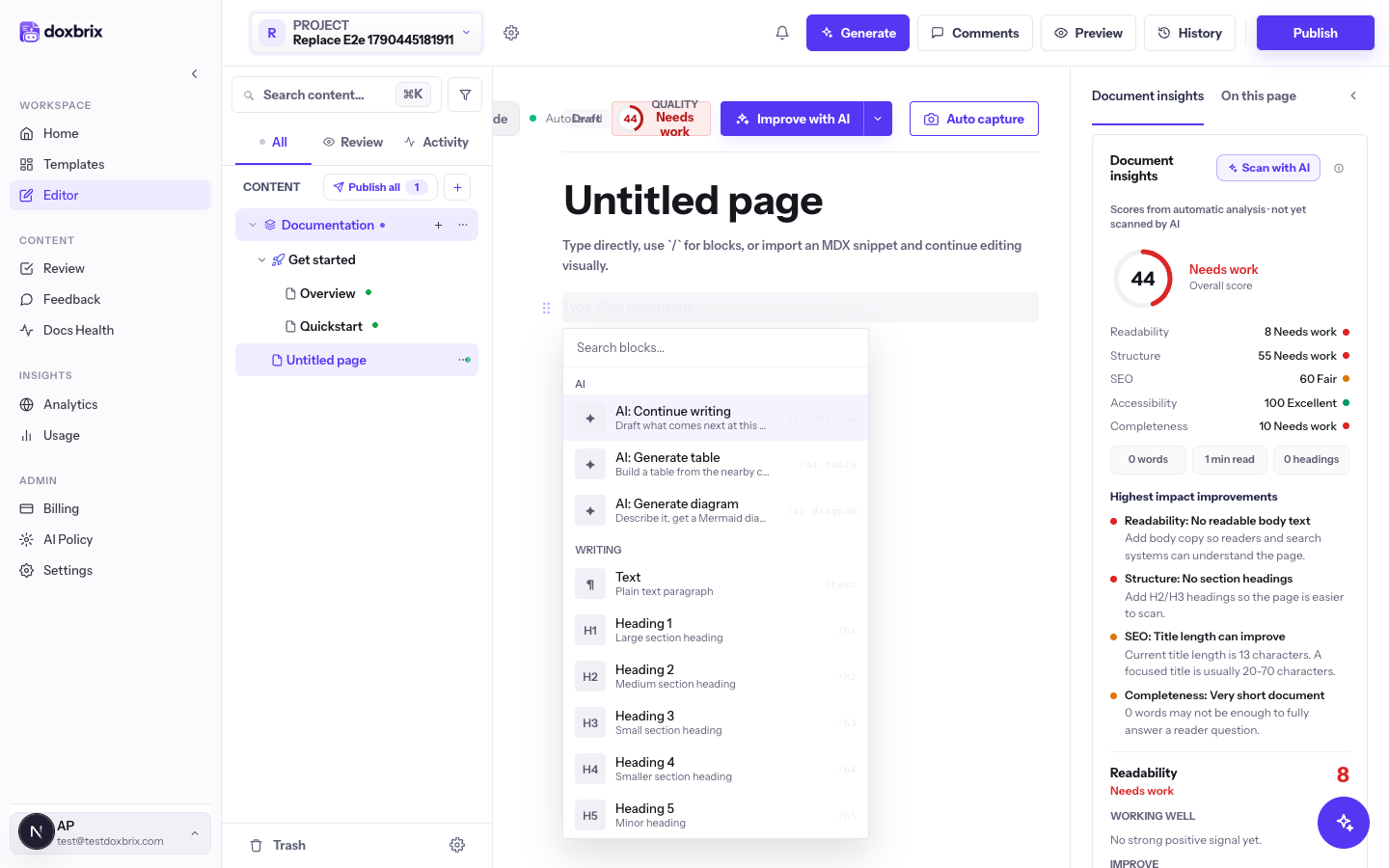 Block palette opened with / on the empty Untitled page, showing the AI section with 'AI: Continue writing', 'AI: Generate table' and 'AI: Generate diagram' above the Writing blocks