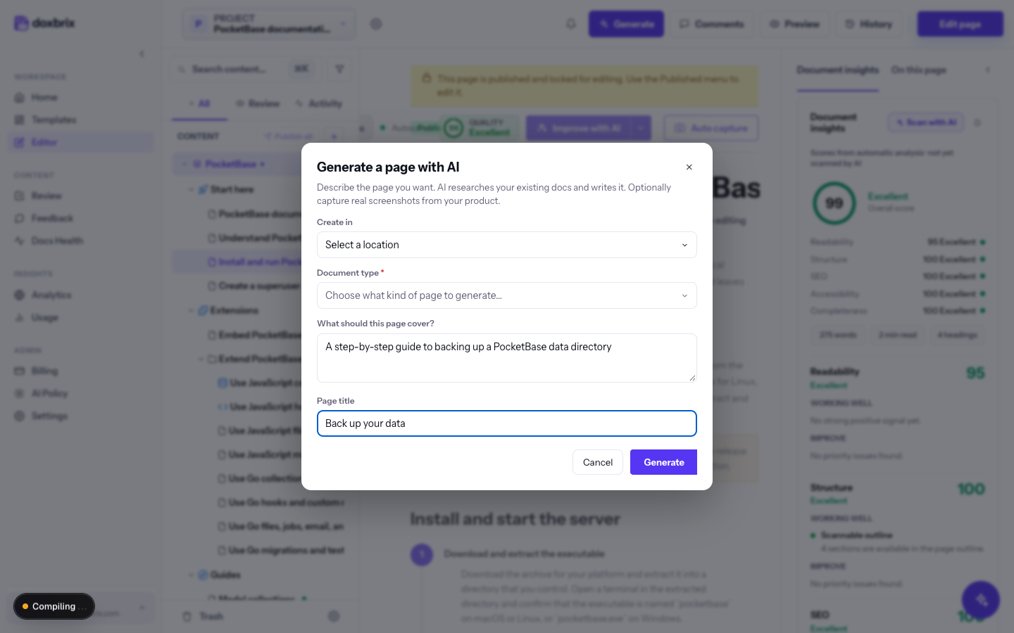 Generate a page with AI dialog with fields for location, document type, page topic and title