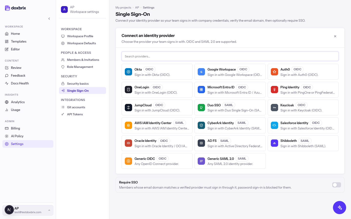Connect an identity provider panel listing OIDC and SAML providers including Okta, Microsoft Entra ID, Generic OIDC and Generic SAML 2.0.