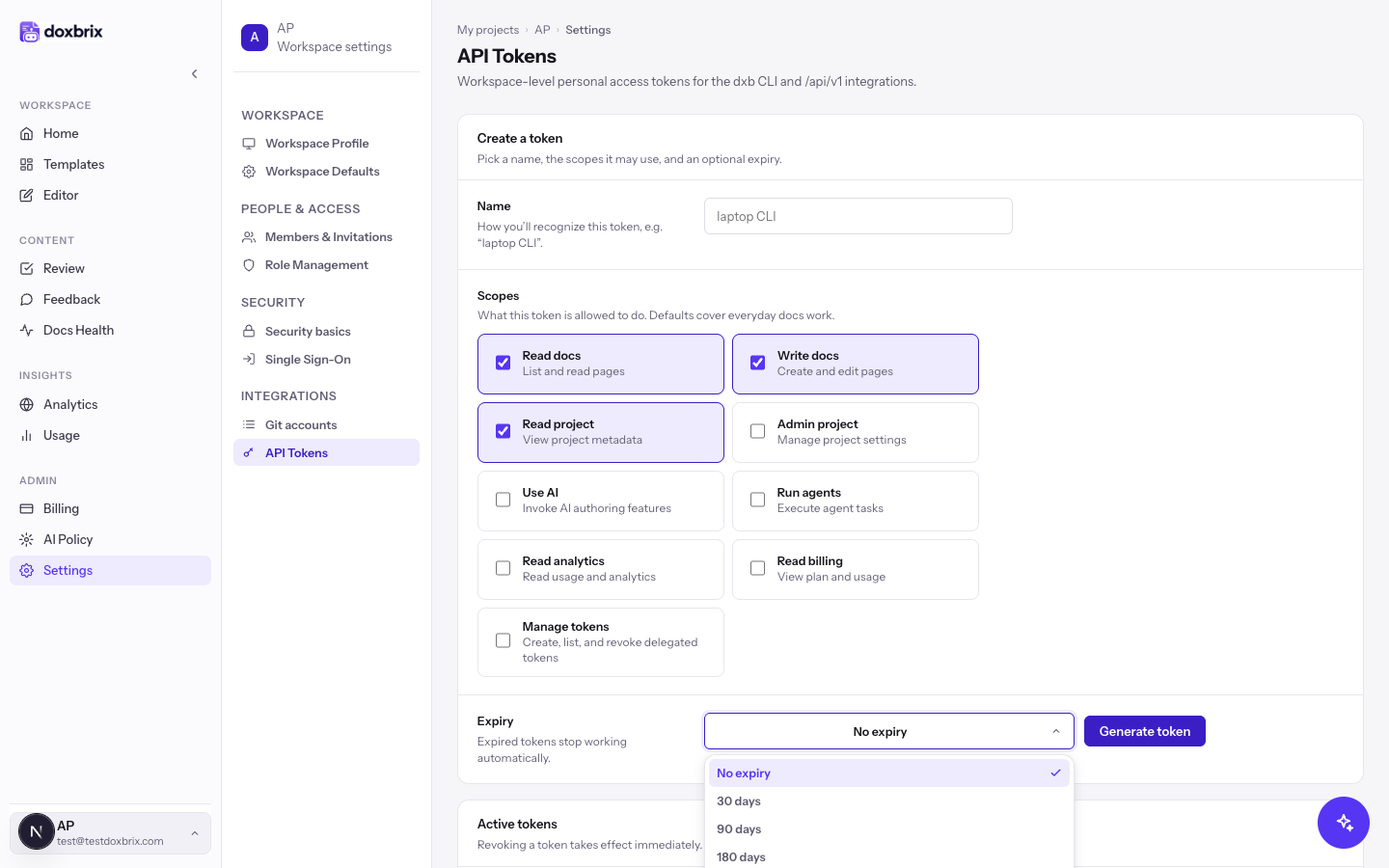 API Tokens form with the Expiry dropdown open listing No expiry, 30 days, 90 days and 180 days