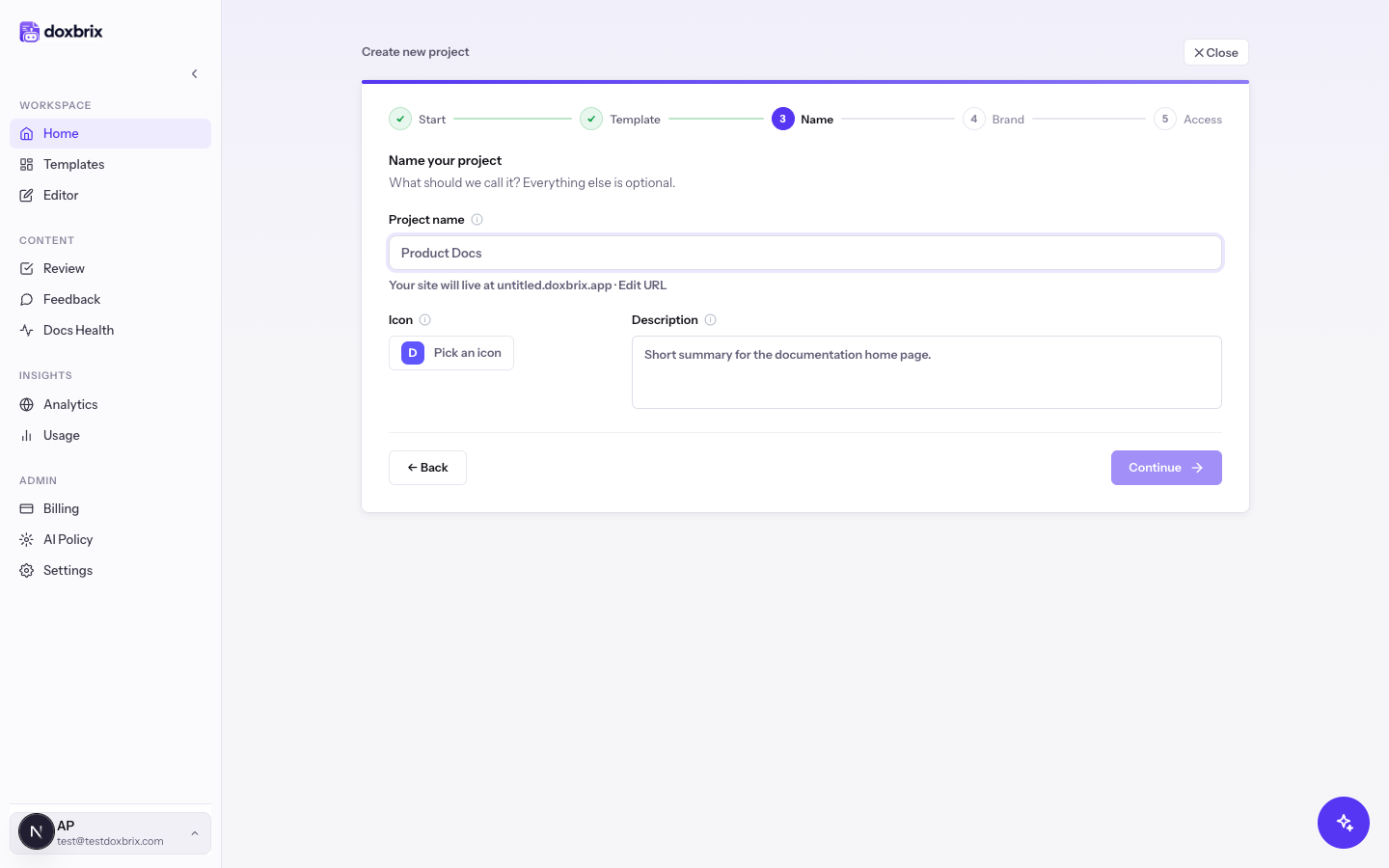 Create new project wizard on the Name step, Name your project, with Start and Template marked complete and Project name, Icon, and Description fields