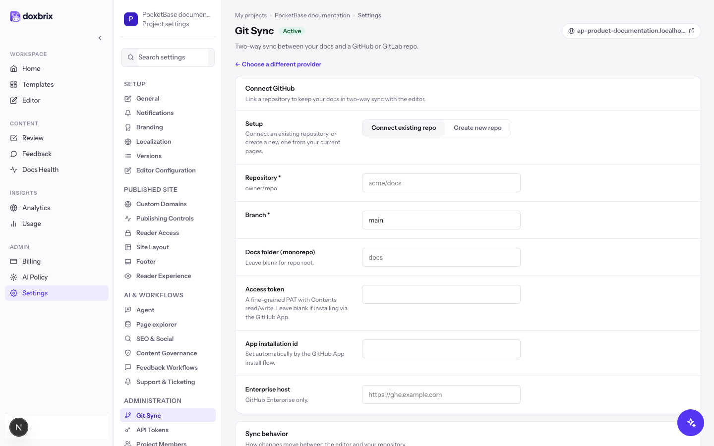 Connect GitHub form with Connect existing repo selected, showing Repository, Branch, Docs folder (monorepo), Access token, App installation id, and Enterprise host fields