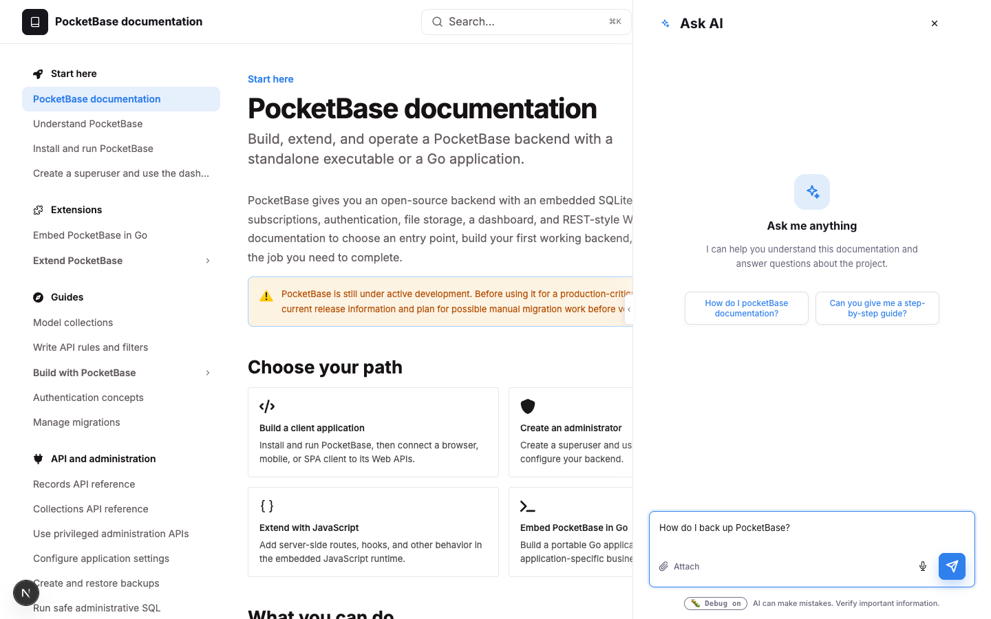 Ask AI panel with 'How do I back up PocketBase?' typed in the question box, not yet sent.