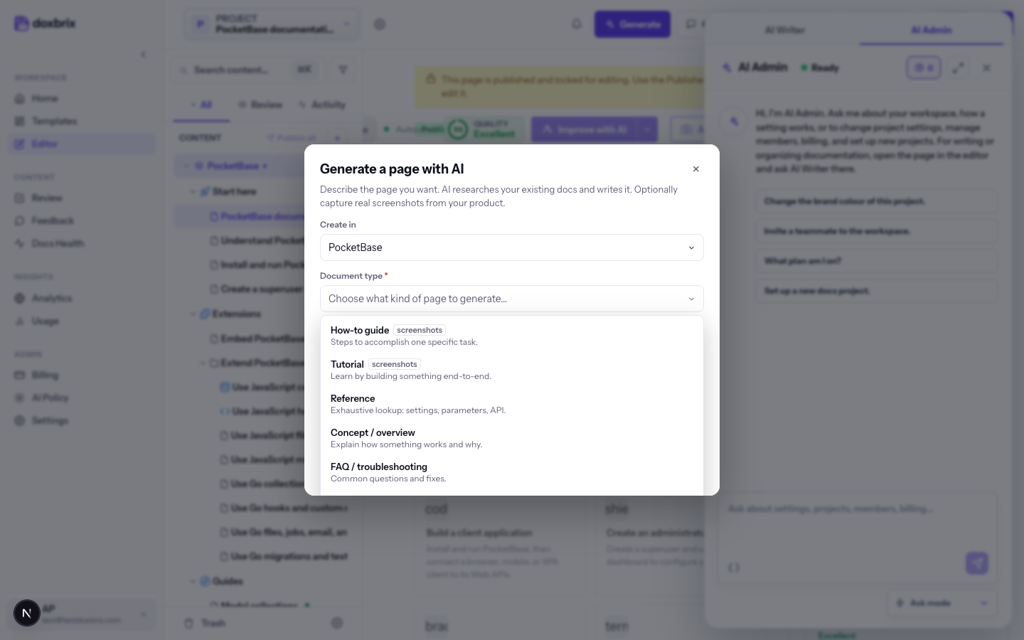 Document type list open showing How-to guide, Tutorial, Reference, Concept / overview and FAQ / troubleshooting