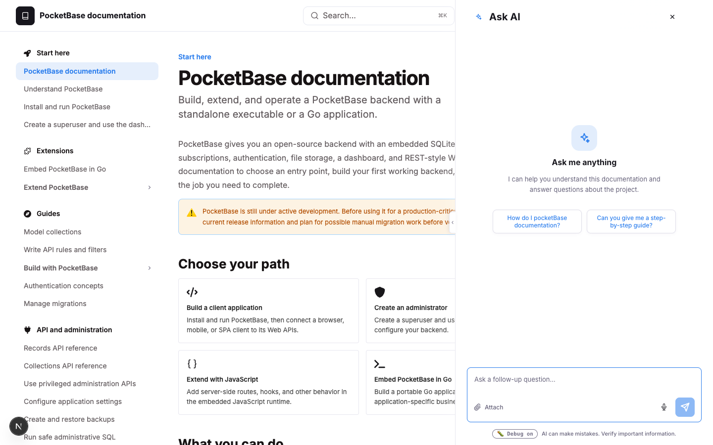 Ask AI panel open beside the PocketBase docs, showing the Ask me anything greeting, two starter question buttons, and the empty question box.