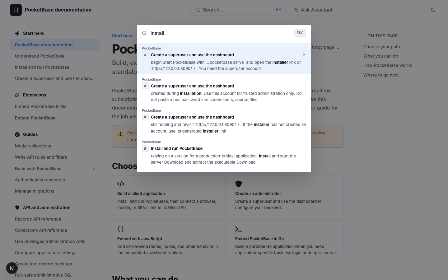 Search results for install listing pages such as Create a superuser and use the dashboard and Install and run PocketBase, with matching words highlighted in snippets