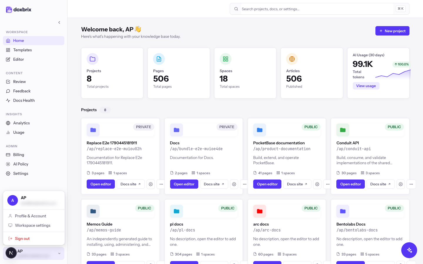 Dashboard with the Account menu open showing Profile & Account, Workspace settings and Sign out