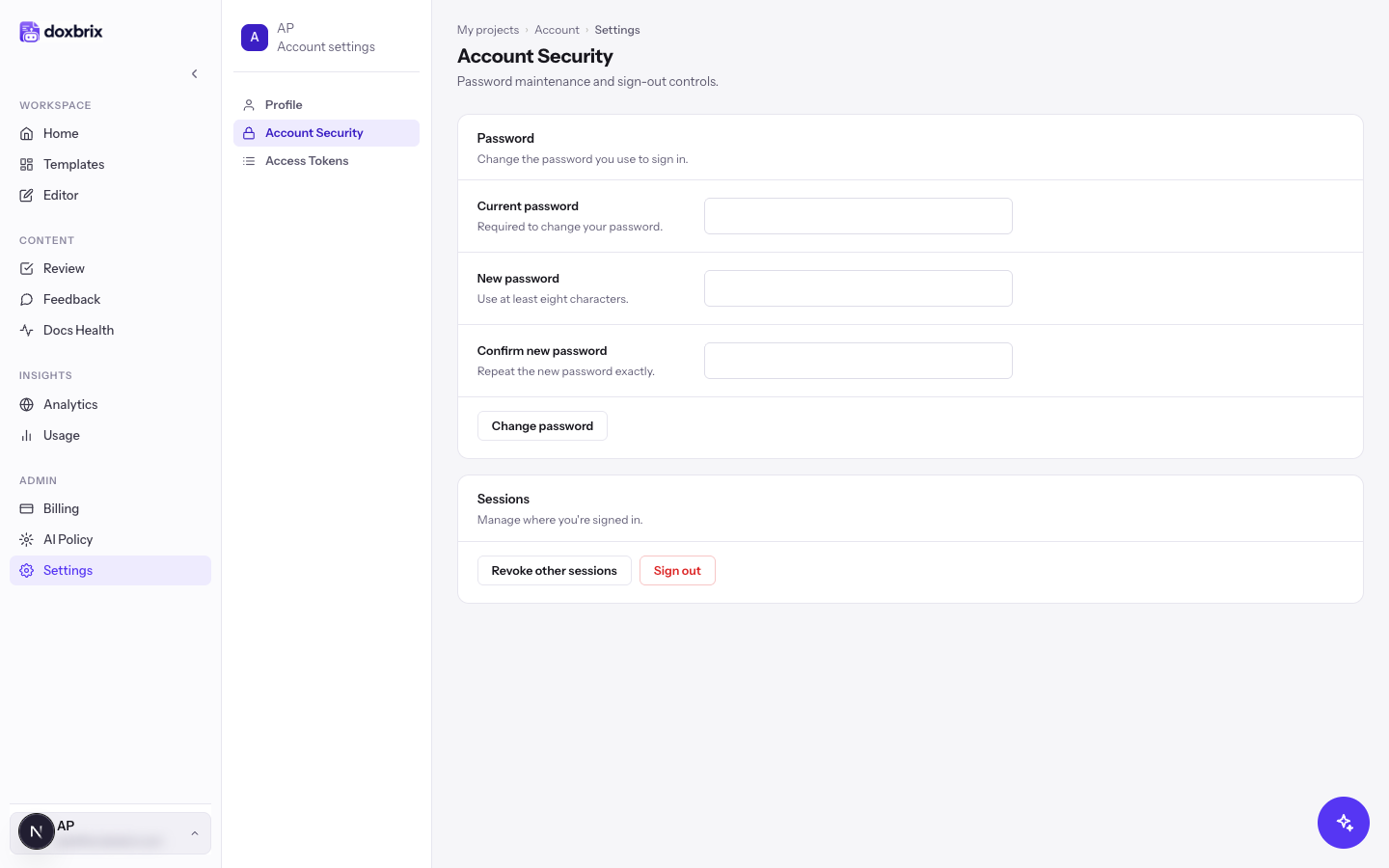 Account Security tab with password fields, Revoke other sessions and Sign out