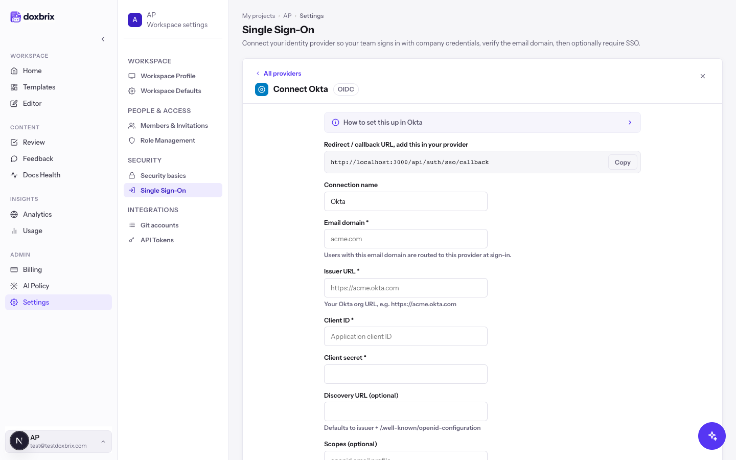 Connect Okta OIDC form showing the redirect/callback URL with Copy button, and Connection name, Email domain, Issuer URL, Client ID and Client secret fields.