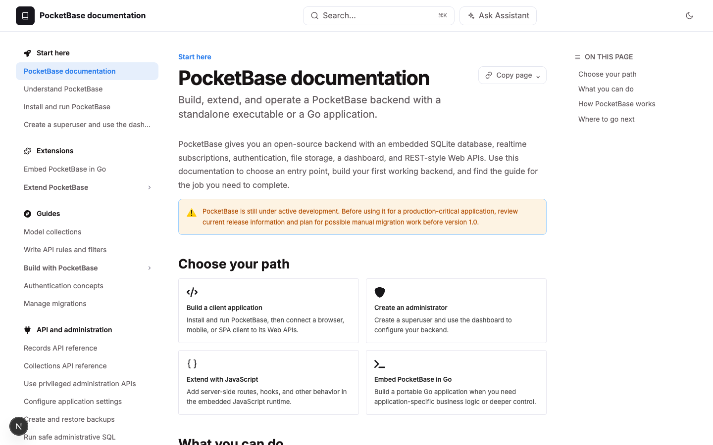 Published PocketBase documentation home page with the Ask Assistant button next to the search box in the top bar.