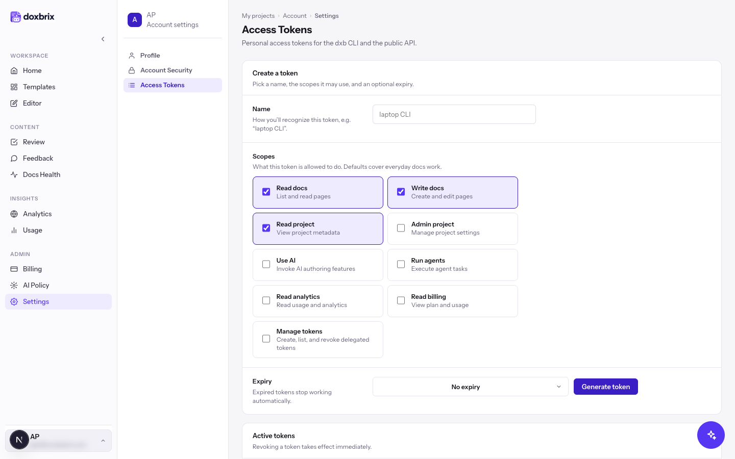 Access Tokens tab with the create-token form, scopes, expiry and the Active tokens section