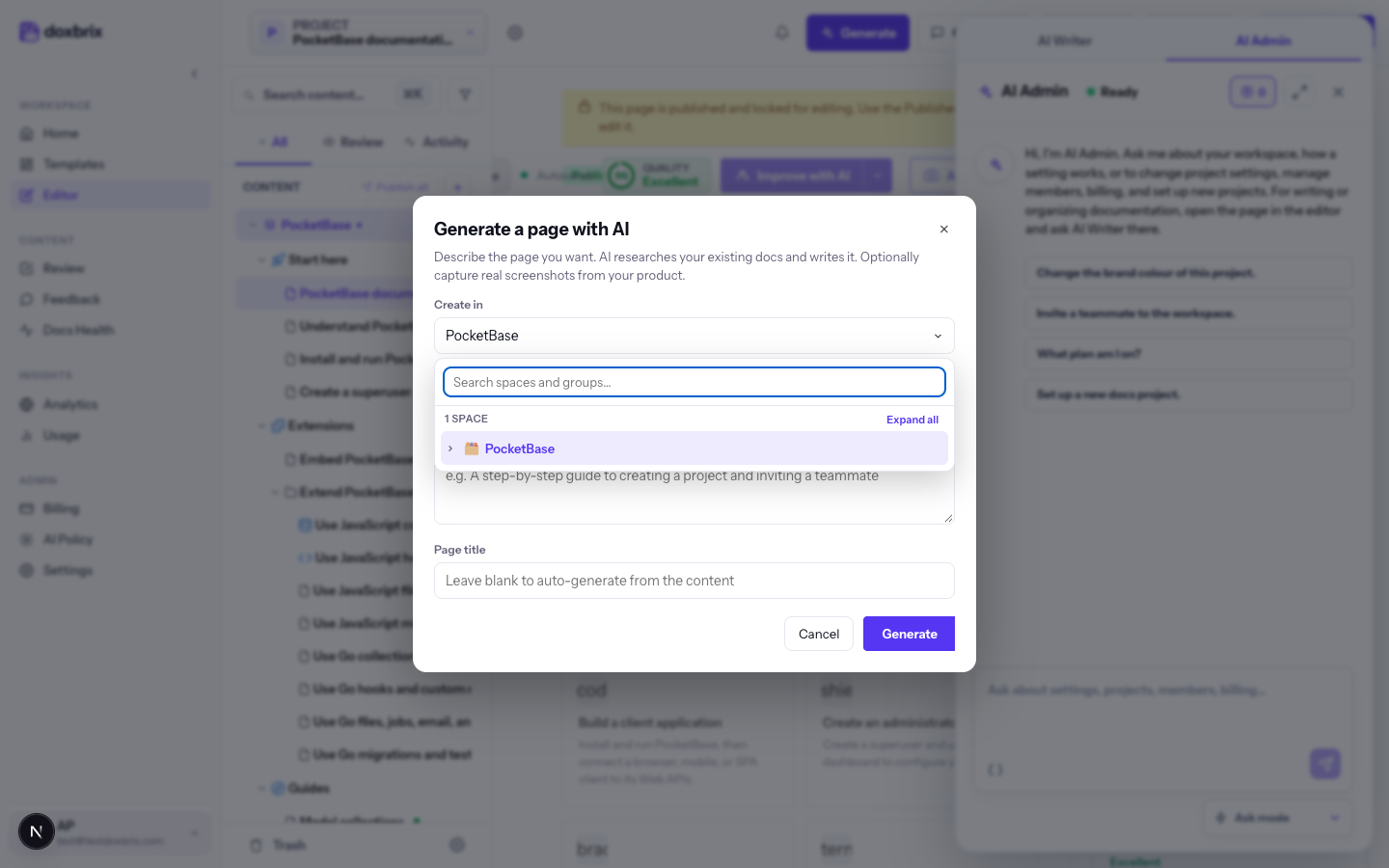 Create in picker open in the Generate a page with AI dialog, listing the PocketBase space with a search box