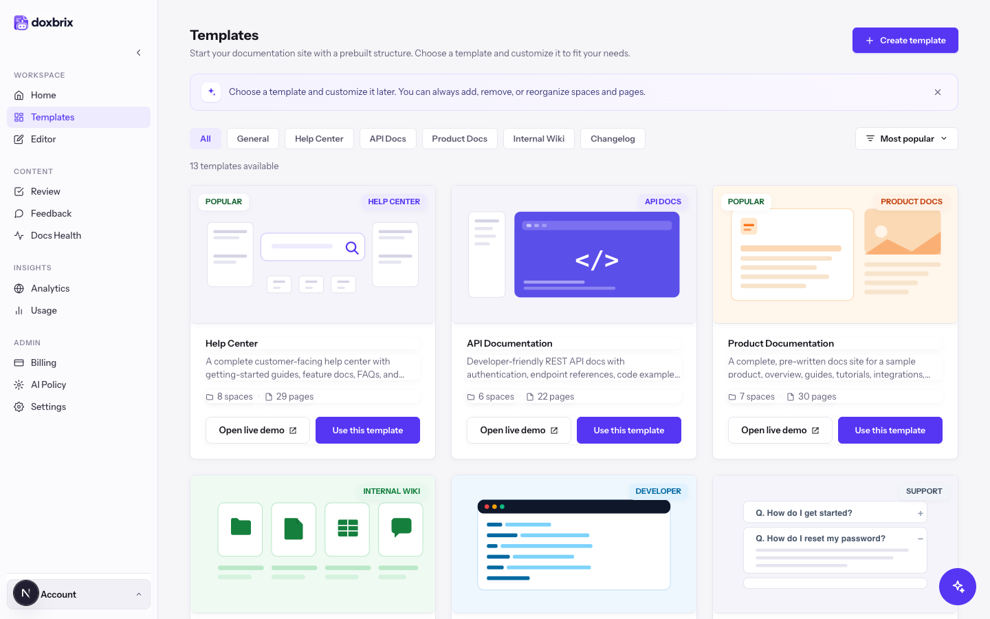 Templates page with the All tab selected, showing 13 templates including Help Center, API Documentation, and Product Documentation cards, each with Open live demo and Use this template buttons