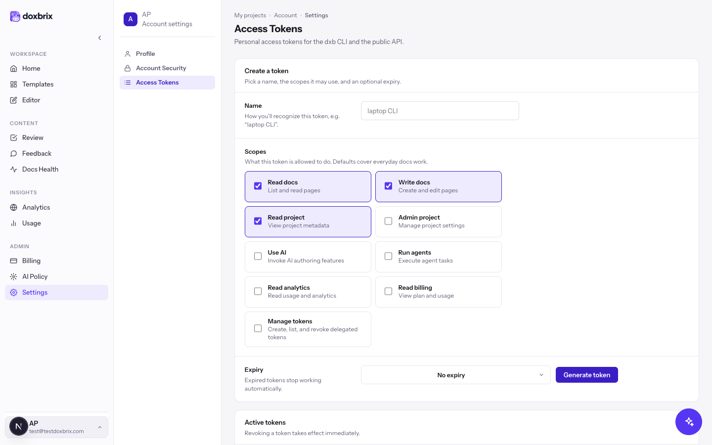 Personal Account settings Access Tokens page with the create-token form