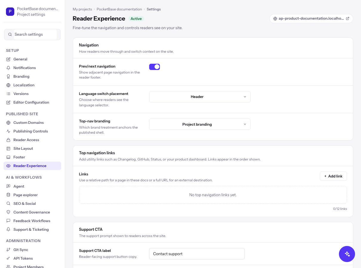 PocketBase documentation project settings with Reader Experience selected, showing the Prev/next navigation toggle, the Top navigation links section, and the Support CTA label set to Contact support
