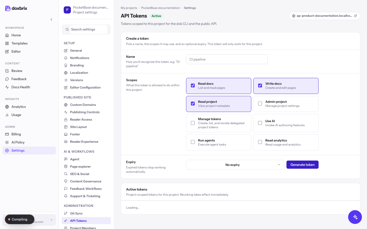 PocketBase documentation project settings API Tokens page with project-scoped token form