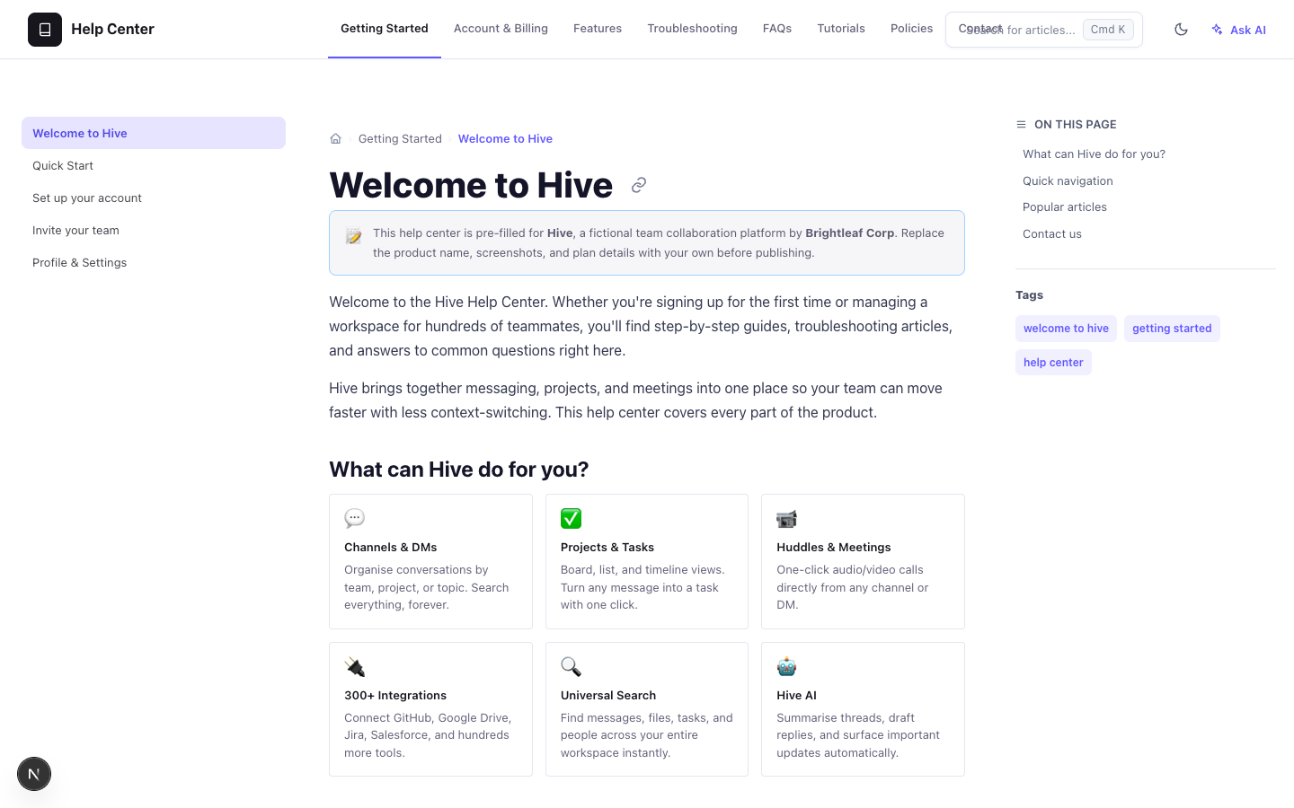 Help Center template live demo showing the Welcome to Hive page with top tabs such as Getting Started, Account & Billing, and FAQs, a left page list, and an On this page outline