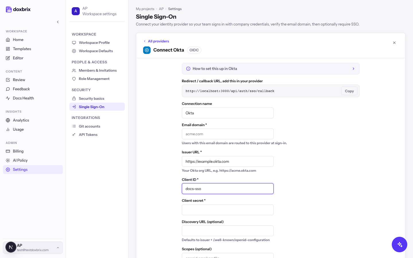 Unsaved Connect Okta form with Issuer URL https://example.okta.com and Client ID docs-sso entered.