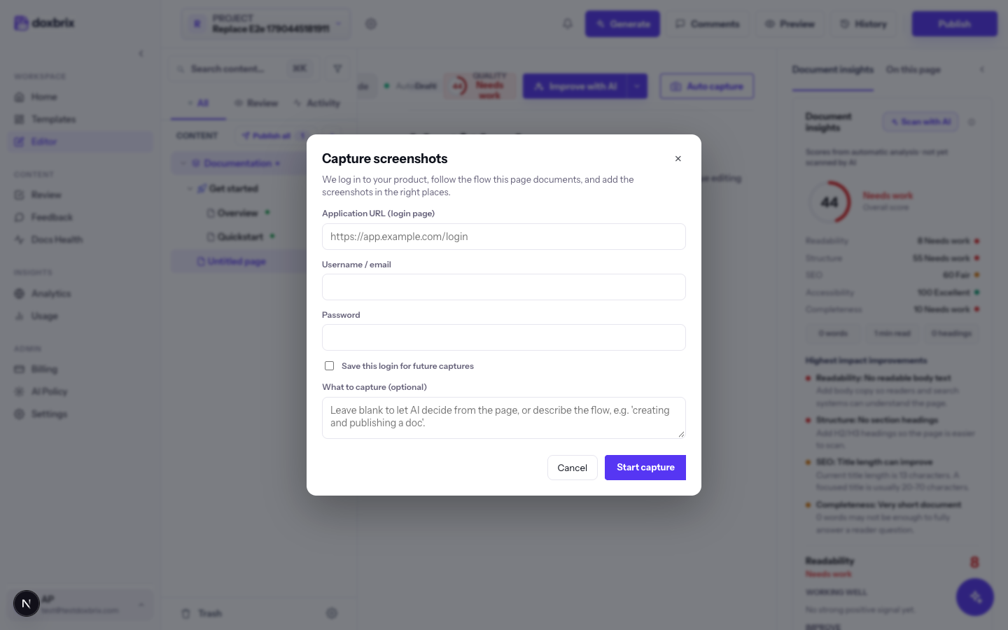 Capture screenshots dialog with Application URL (login page), Username / email, Password, Save this login for future captures, What to capture (optional), Cancel and Start capture