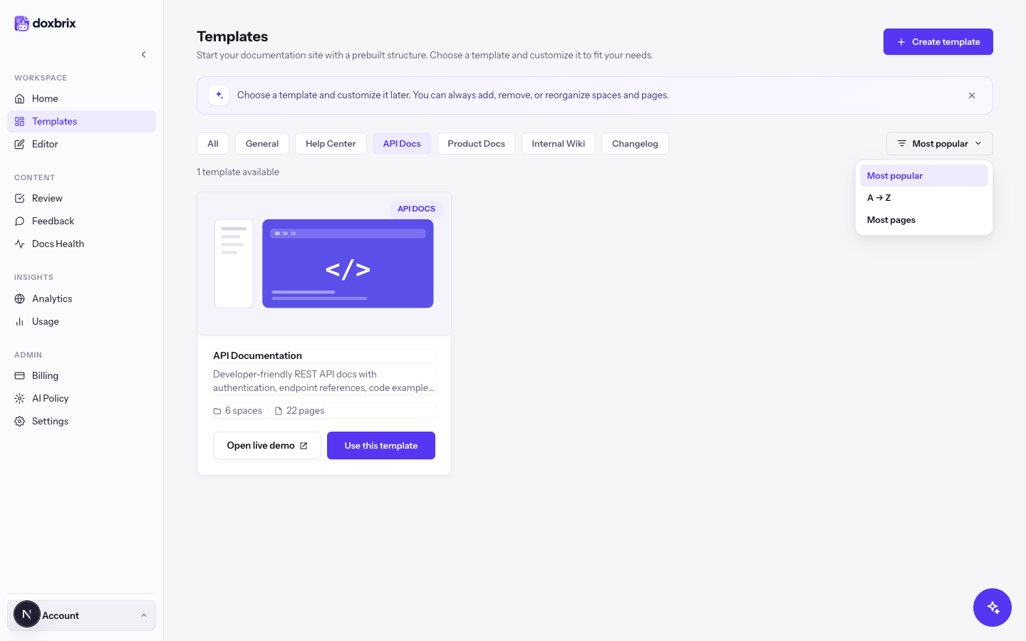 Most popular sort menu open on the Templates page, listing Most popular, A → Z, and Most pages