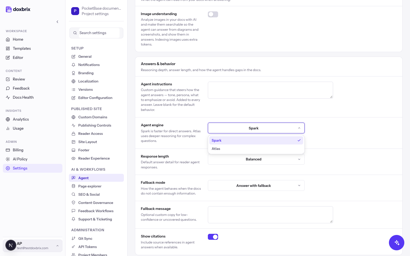 Agent settings Answers & behavior section with the Agent engine dropdown open, listing Spark (selected) and Atlas.