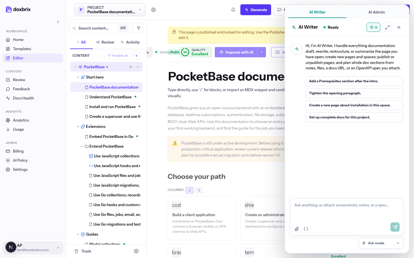 AI Writer tab open beside a PocketBase page in the editor, with suggested prompts, attach control and Ask mode selector