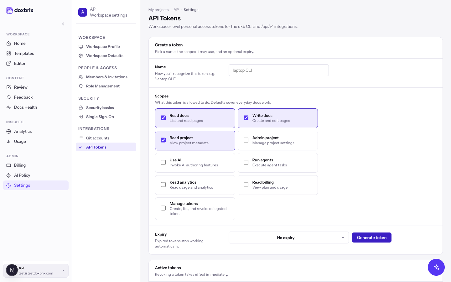 API Tokens settings with token name, scope checkboxes, expiry and Generate token