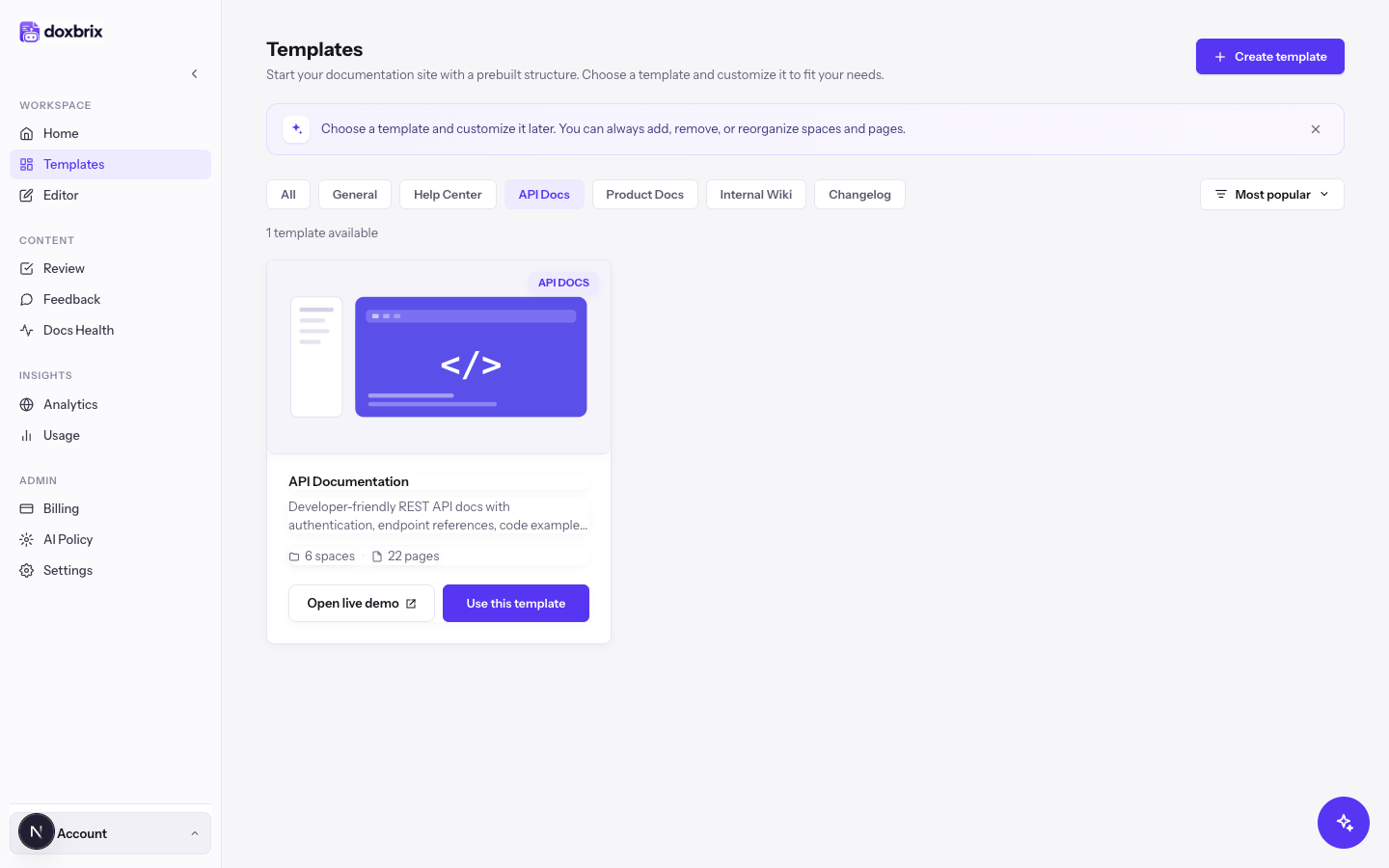 Templates page with the API Docs tab selected, showing one template: the API Documentation card
