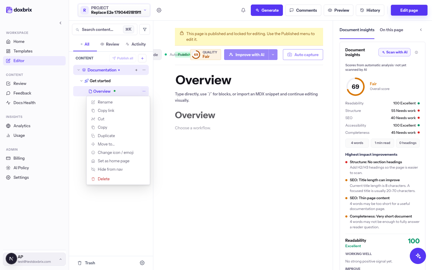 More options menu for the Overview page with Rename, Copy link, Cut, Copy, Duplicate, Move to, Change icon / emoji, Set as home page, Hide from nav and Delete