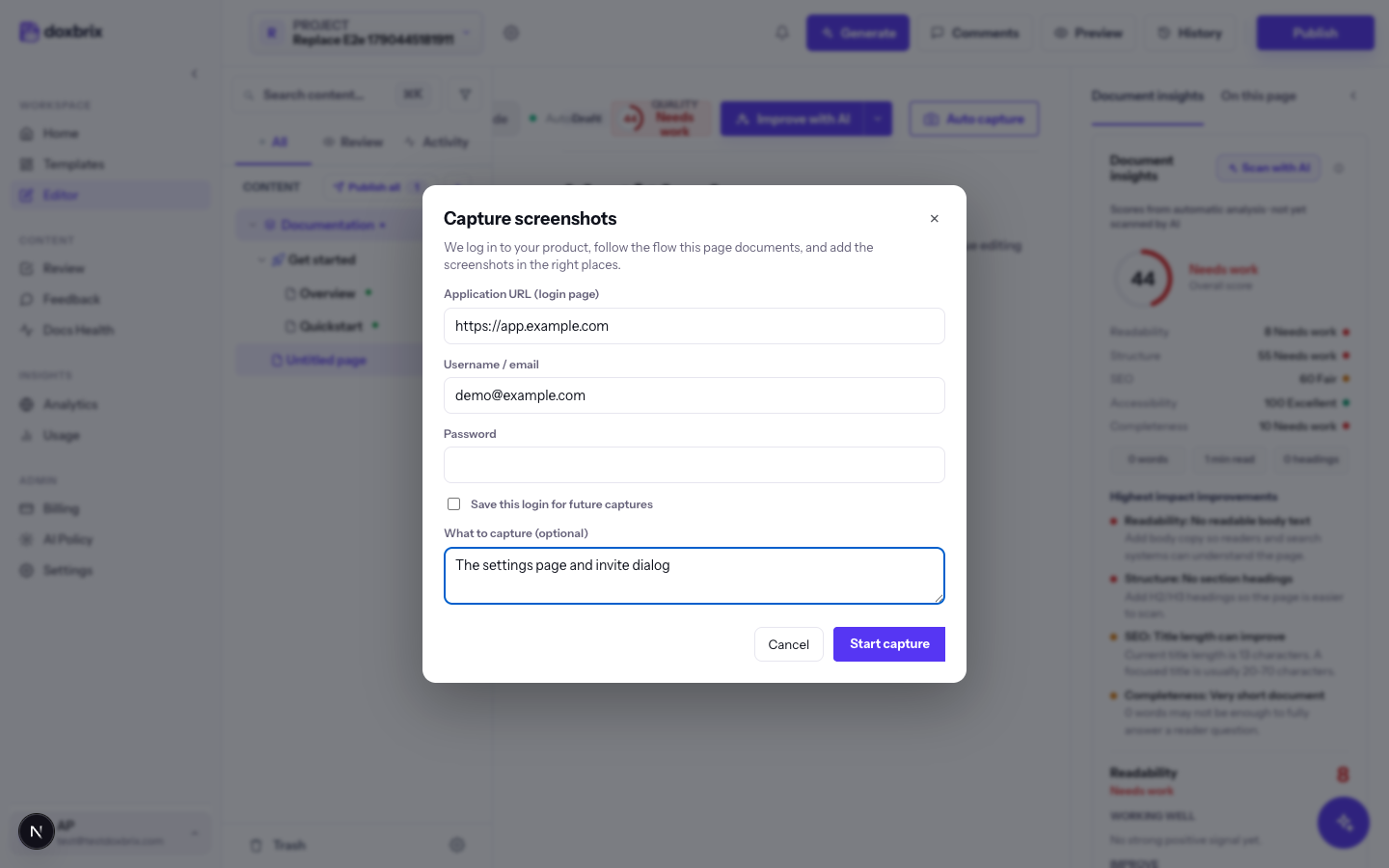 Capture screenshots dialog ready with What to capture set to 'The settings page and invite dialog'