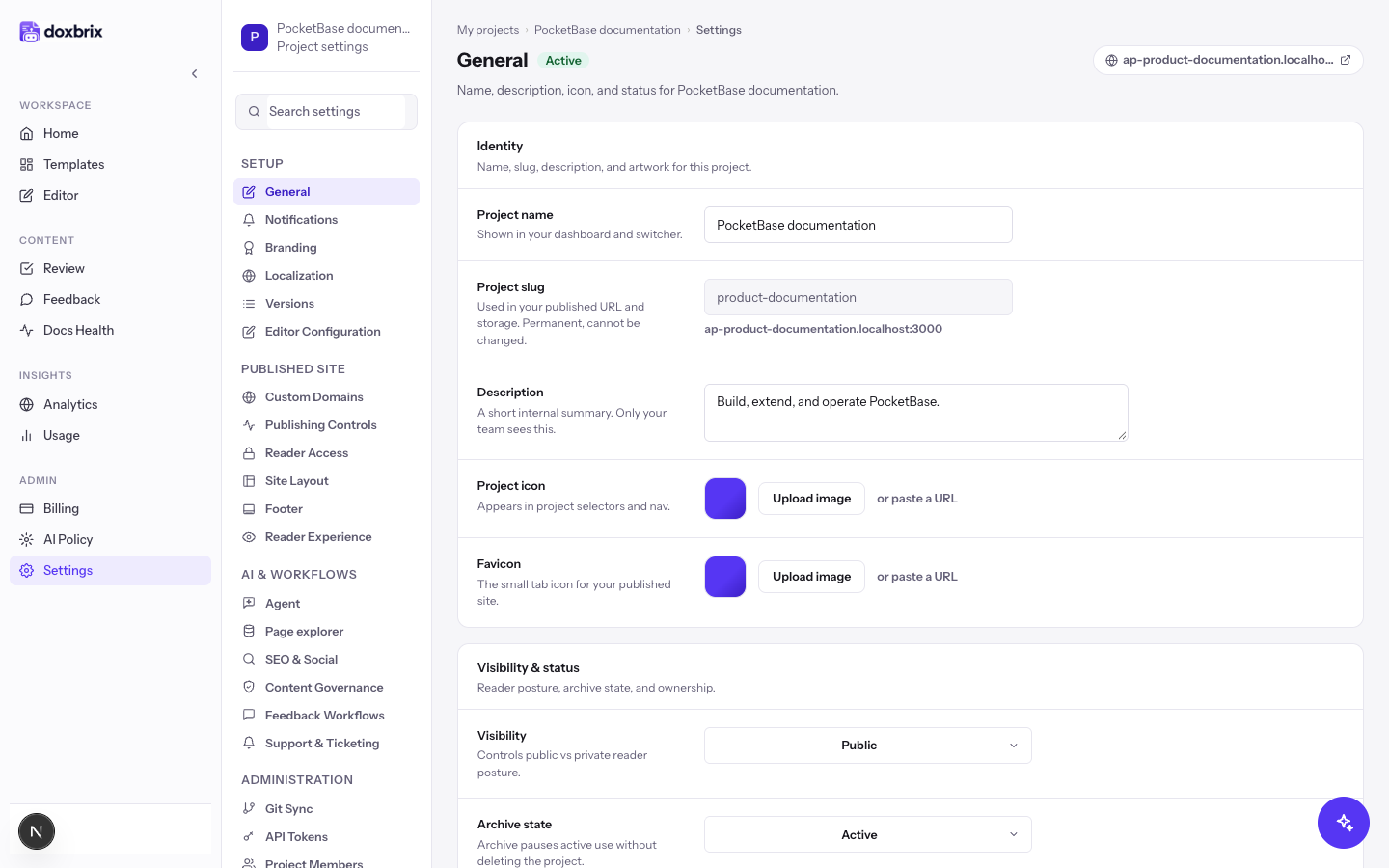 PocketBase documentation project settings open on the General section, with the settings sidebar listing Git Sync under Administration