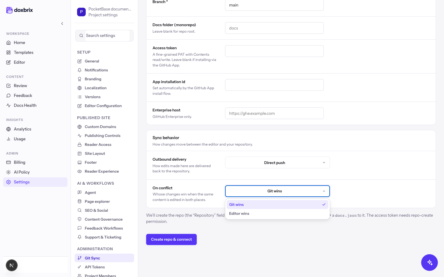 Connect GitHub form with Create new repo selected, showing the repository fields, Sync behavior, a note that the repo is created with current pages and docs.json, and the Create repo & connect button