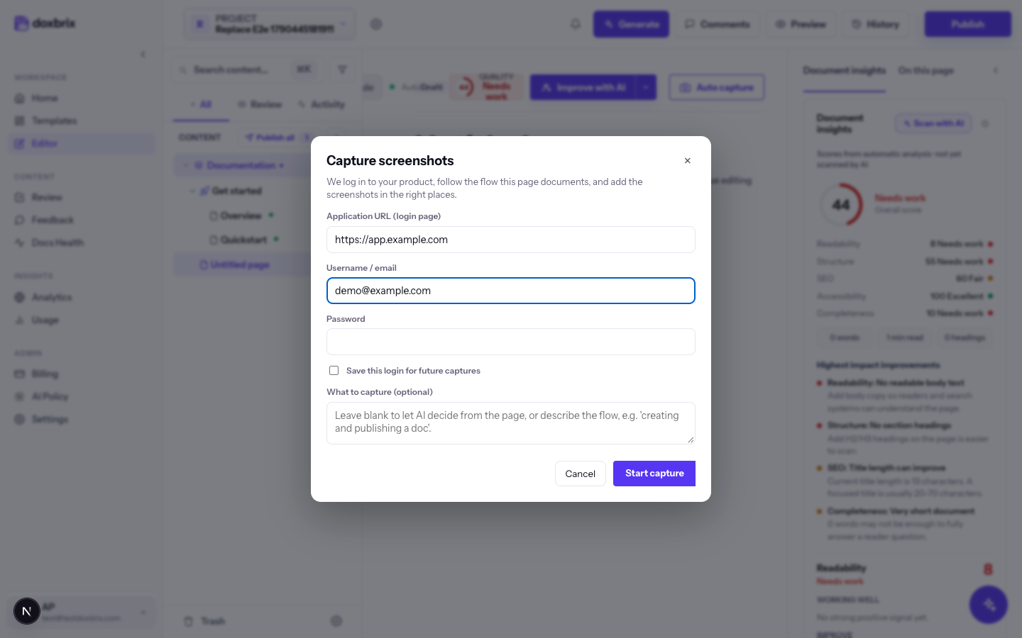 Capture screenshots dialog with https://app.example.com and demo@example.com filled, password empty, save-login unchecked