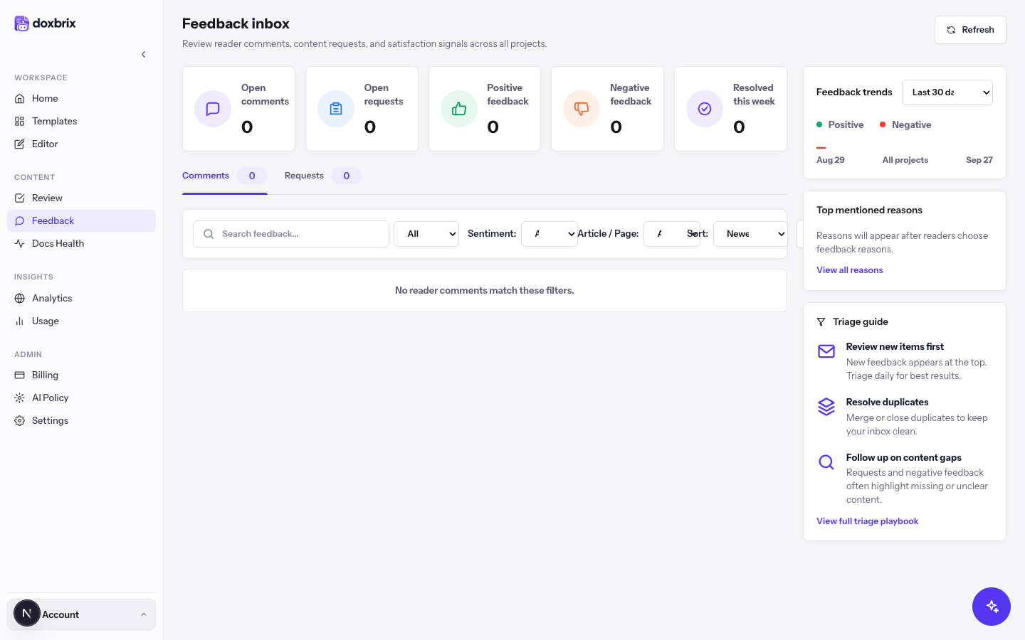 Feedback inbox showing Open comments, Open requests, Positive feedback, Negative feedback and Resolved this week counters at 0, the Comments tab selected, filters, and the Feedback trends panel