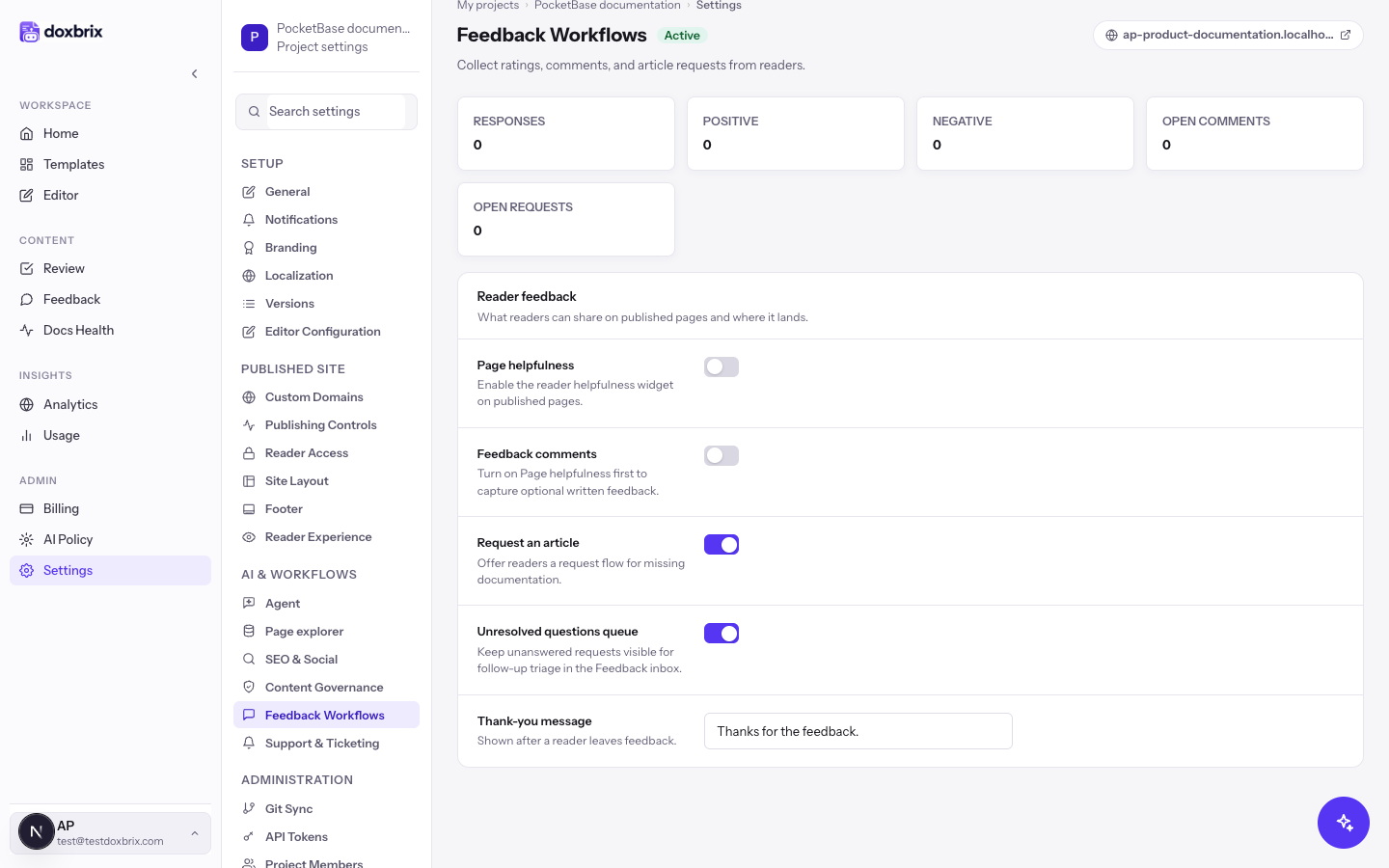 Feedback Workflows settings showing Page helpfulness and Feedback comments off, and Request an article and Unresolved questions queue on.
