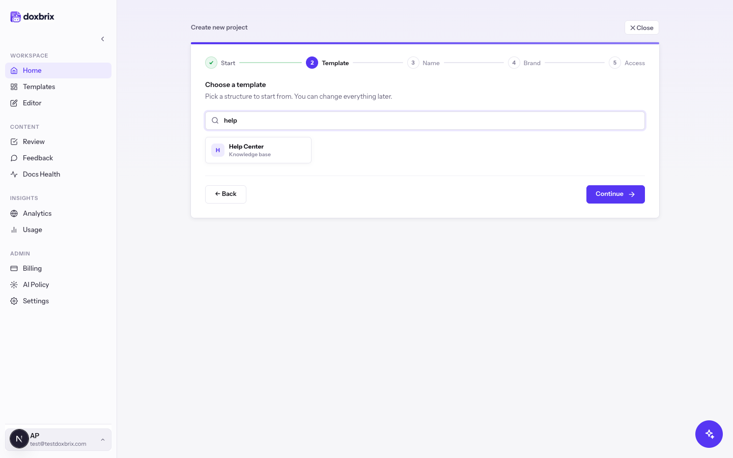 Create new project wizard on the Template step, Choose a template, with help typed in the search box and only the Help Center template shown
